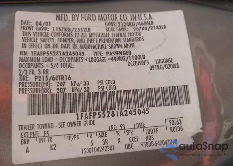 2001 Ford Taurus Ses из США, поврежденный, VIN 1FAFP55281A245045